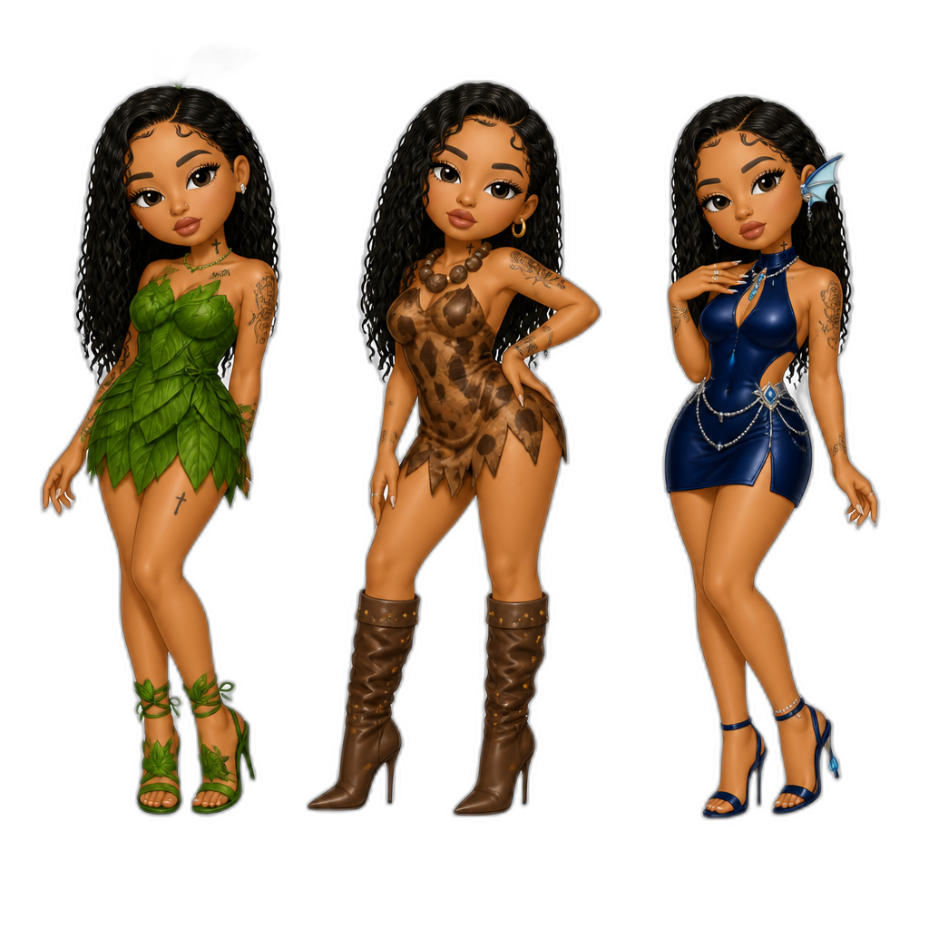 Mariah The Scientist in 3 styles (Deku Scrub in a leaf minidress, Goron in a cavewoman minidress and stiletto boots, Zora in a dark blue minidress and stilettos) - AI generated emoji