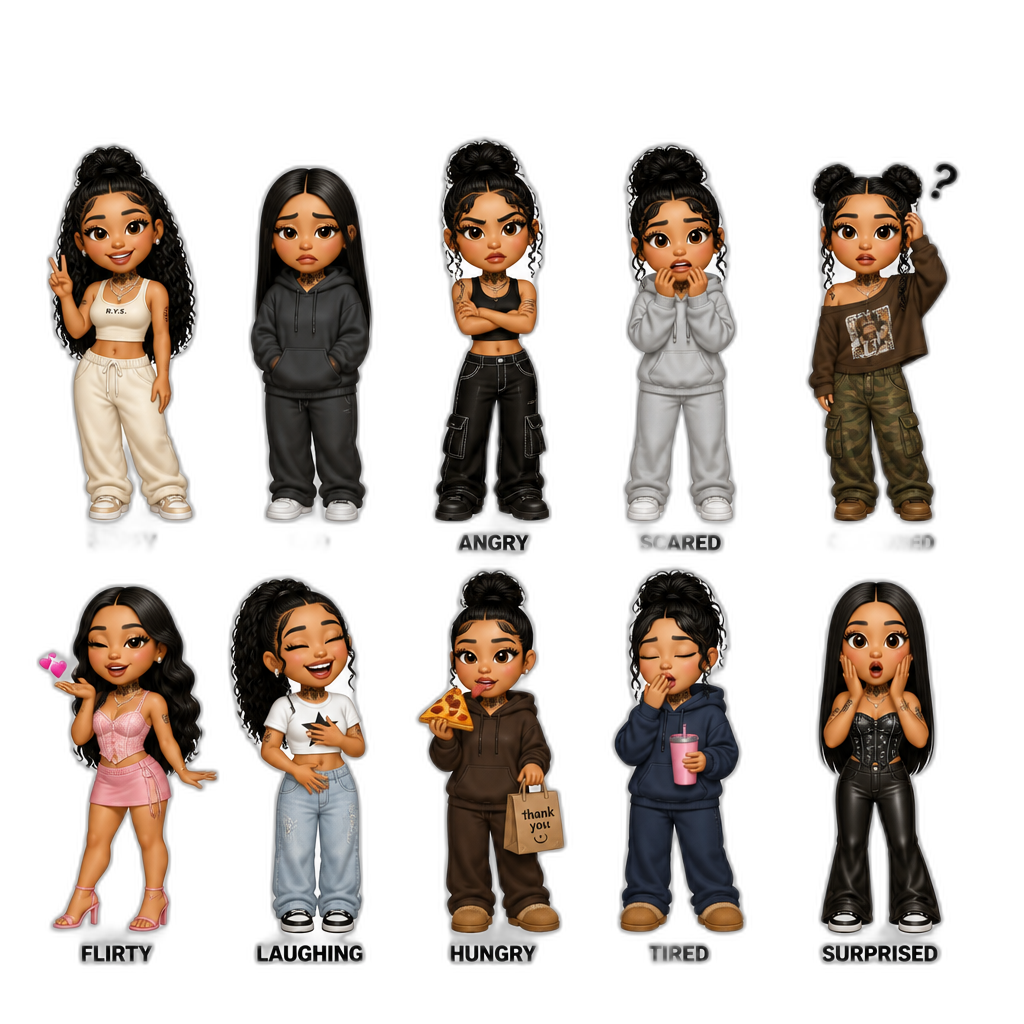 The Many Emotions of Mariah The Scientist (happy, sad, angry, scared, confused, flirty, laughing, hungry, tired, and surprised), different hairstyles, different outfits, full body - AI generated emoji