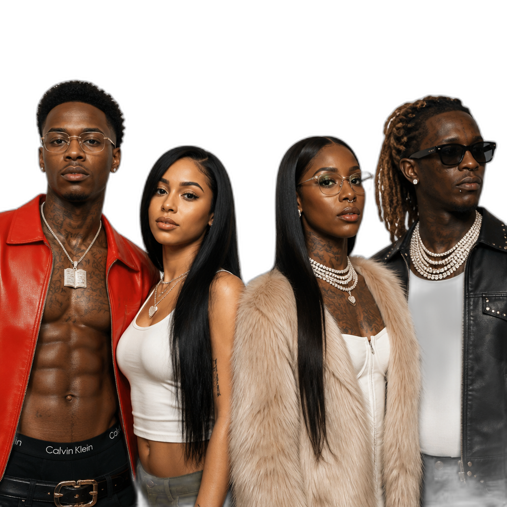 Mariah The Scientist genderswap (Marlon The Professor) and Young Thug genderswap (Thuggerella), 'Marlon Amari Buckles, aka Marlon The Professor' and 'Jessica Williams II, aka Thuggerella' text, photorealistic, Marlon with a red jacket, Thuggerella with long straight hair, Marlon with six pack abs, Mariah The Scientist and Young Thug, Mariah with long straight hair - AI generated emoji