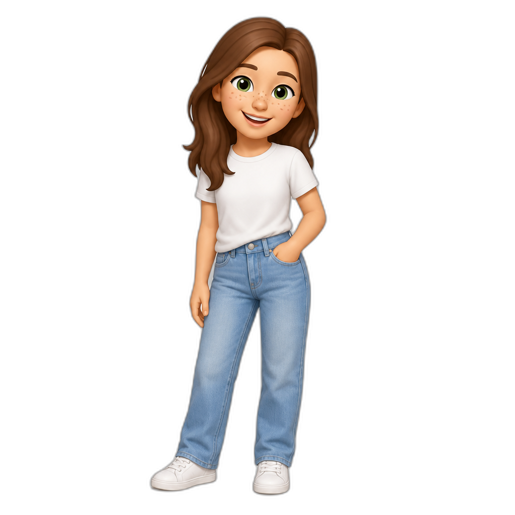 I white girl with freckles, green eyes and brown hair that is wearing casual attire like jeans and a t-shirt. - AI generated emoji