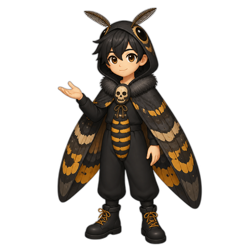 Anime boy dressed as a deaths headed hawk moth - AI generated emoji