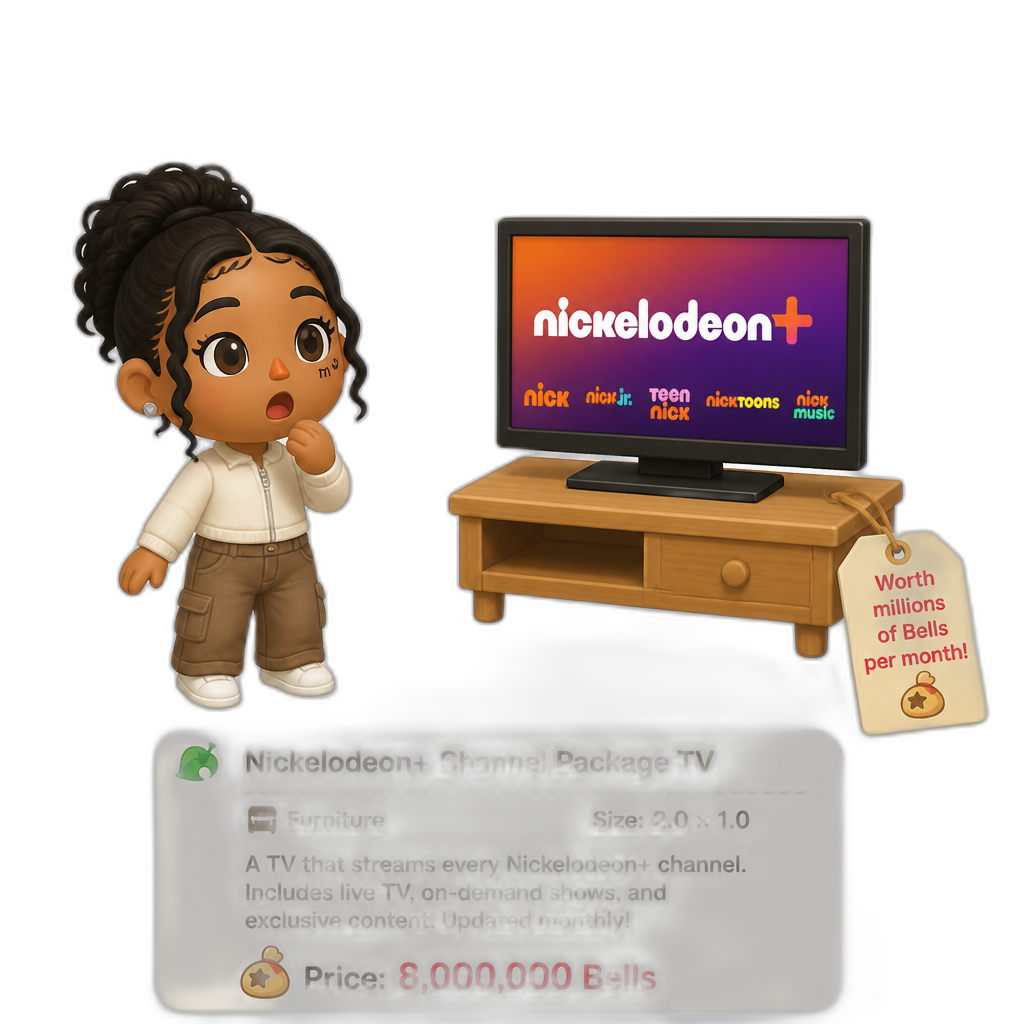 Mariah The Scientist as a Human Villager, Animal Crossing, finding an expensive item worth millions of Bells, saying "That's expensive, bruh!", Nickelodeon+ channel package TV item (worth millions of Bells per month) - AI generated emoji
