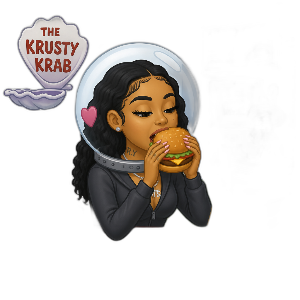 Mariah The Scientist (human) eating a Krabby Patty at the Krusty Krab, 2D cartoon style, wearing an air helmet - AI generated emoji