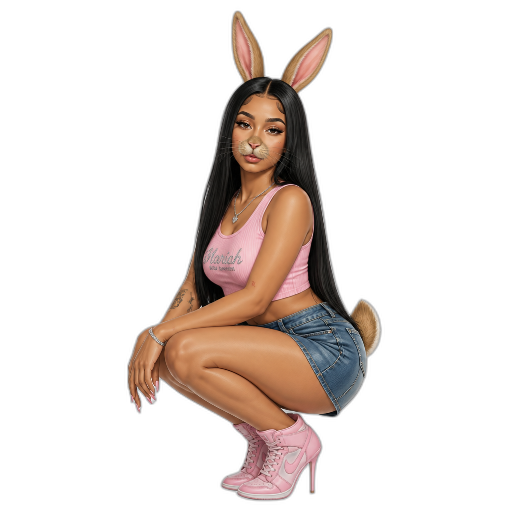 Mariah The Scientist as a human/rabbit hybrid, photorealistic, long straight hair, pink sleeveless crop top, blue denim skirt, pink stiletto sneakers - AI generated emoji