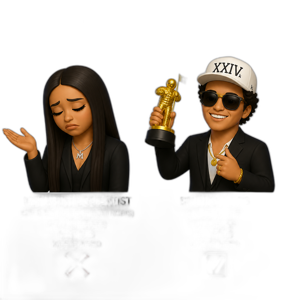 Mariah The Scientist loses against Bruno Mars for his music video for his song I Just Might, Mariah was nominated for her music video for the song Is It A Crime featuring Kali Uchis, 2026 VMAs, photorealistic, Mariah with long straight hair - AI generated emoji
