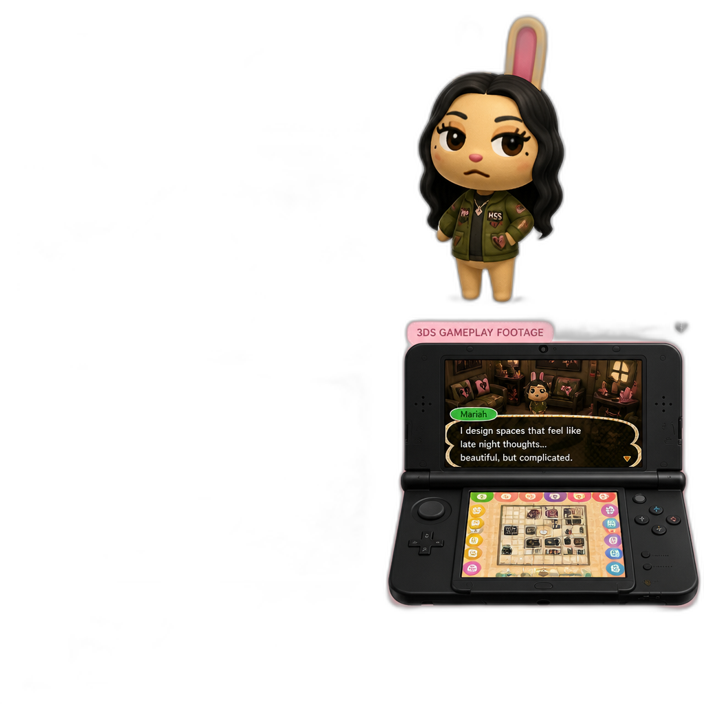 Mariah The Scientist as an Uchi Rabbit Villager in Animal Crossing: Happy Home Designer for the 3DS, showcasing her house, Mariah The Scientist themed aesthetics, 3DS gameplay footage, exterior and interior, Hearts Sold Seperately army love war theme - AI generated emoji
