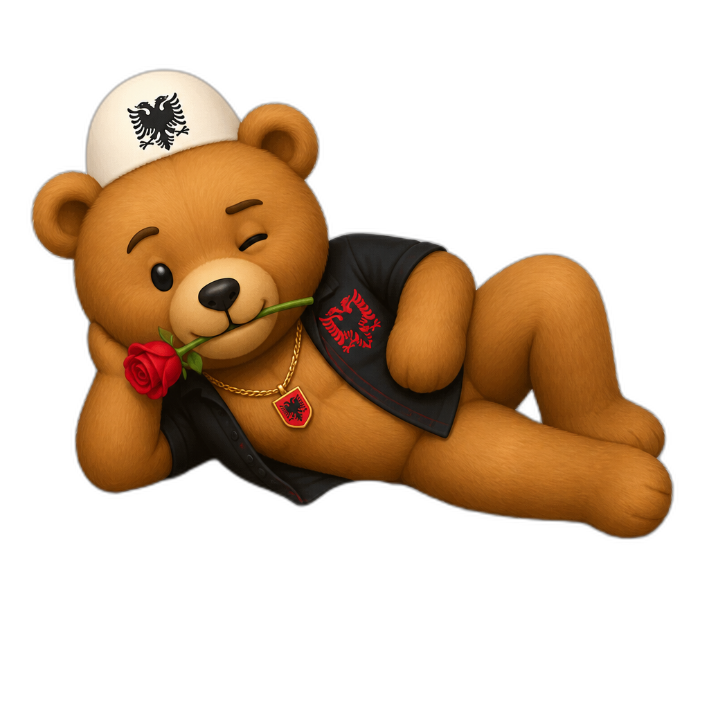 Create a any posing Teddy bear who is a flirty Albanian on the bed. any fur color - AI generated emoji