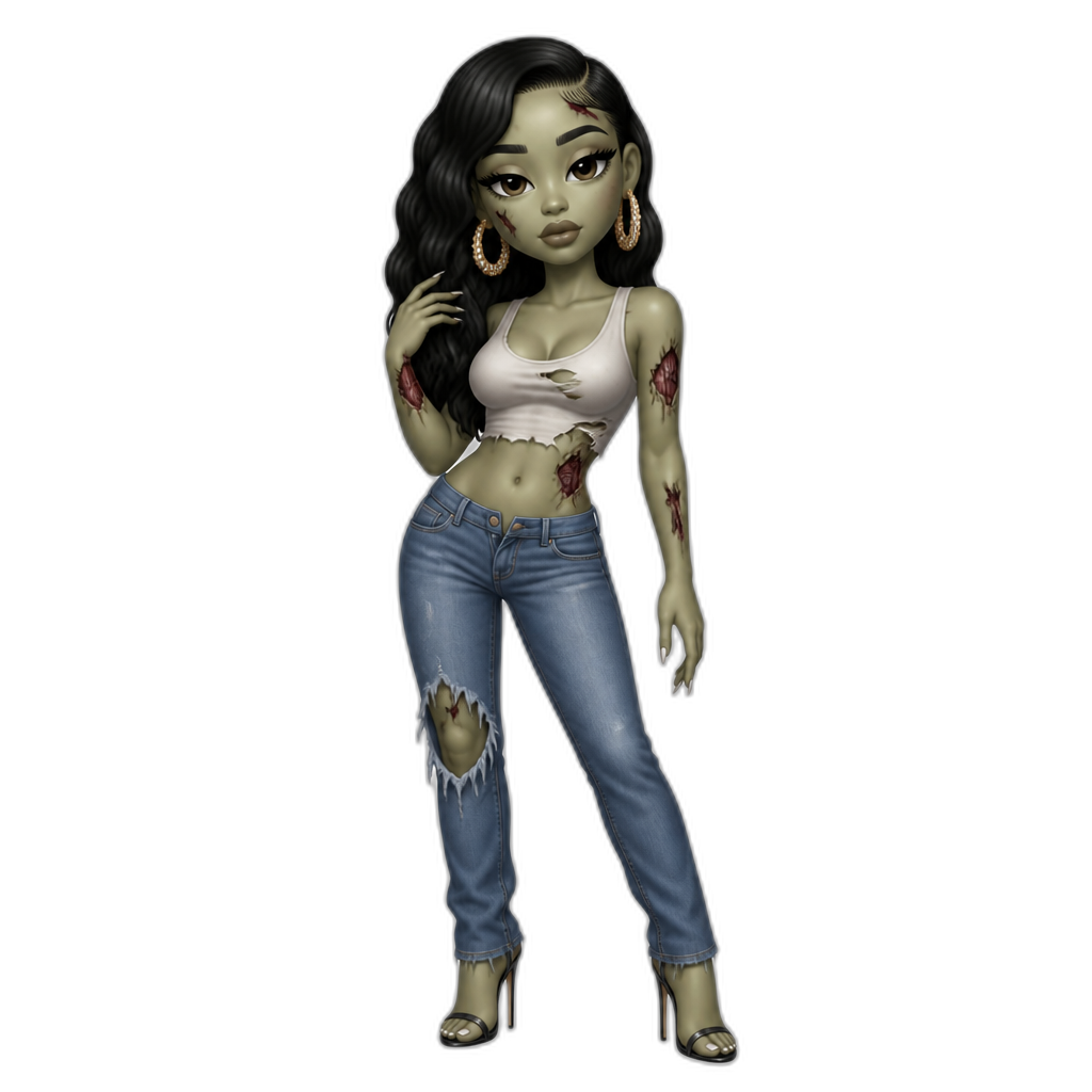 Mariah The Scientist as a zombie, crop top, jeans, stilettos, earrings - AI generated emoji