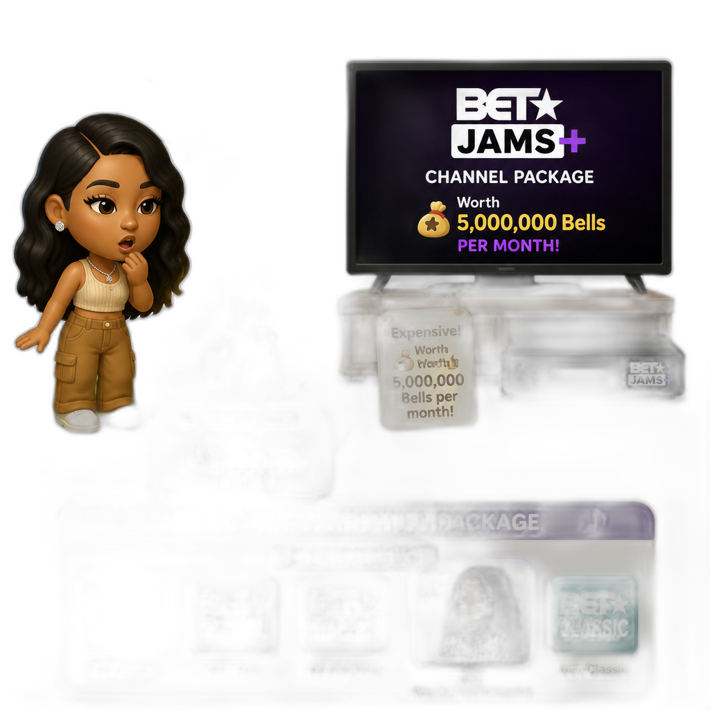 Mariah The Scientist as a Human Villager, Animal Crossing, finding an expensive item worth millions of Bells, saying "That's expensive, bruh!", BET Jams+ channel package TV item (worth millions of Bells per month), music video channel package with 5 channels (one of them as BET Mariah The Scientist) - AI generated emoji