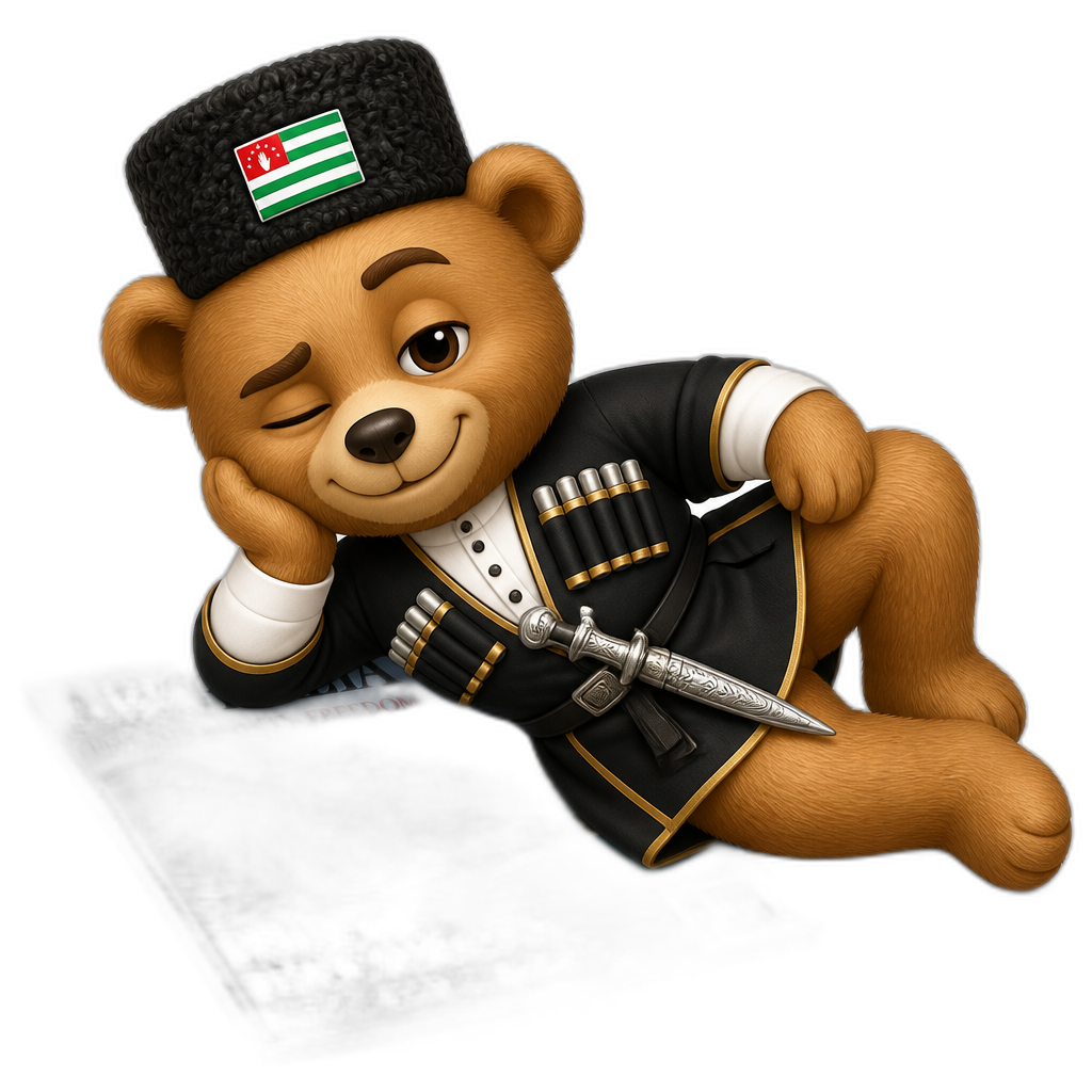Create a Teddy bear who is a flirty mischievous Abkhazian on the magazine. any fur color - AI generated emoji