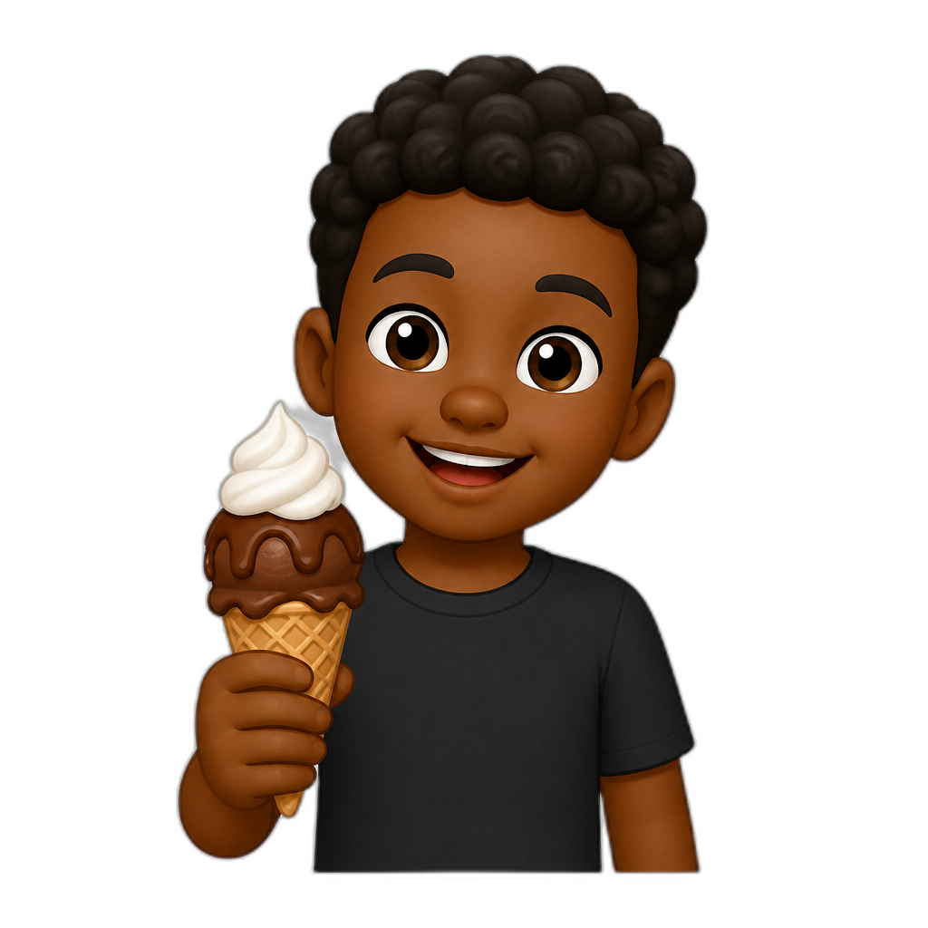 jeune garçon noir avec une glace au chocolat dans la main avec de la chantilly dessus - AI generated emoji