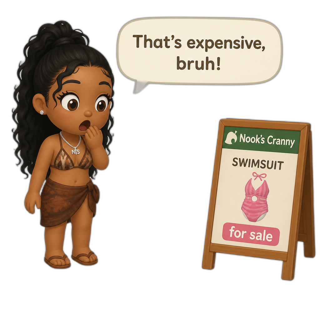 Mariah The Scientist as a Human Villager, Animal Crossing, finding an expensive item worth millions of Bells, saying "That's expensive, bruh!", swimsuit item for sale - AI generated emoji