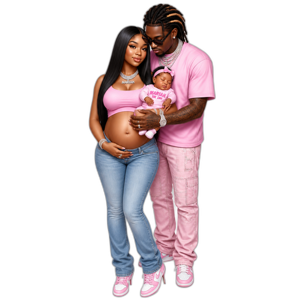 Mariah The Scientist and Young Thug with their newborn daughter Mariah the 2nd, photorealistic, Mariah with long straight hair, mom bod, cute maternity clothes, sleeveless pink crop top, blue denim jeans, stiletto sneakers - AI generated emoji