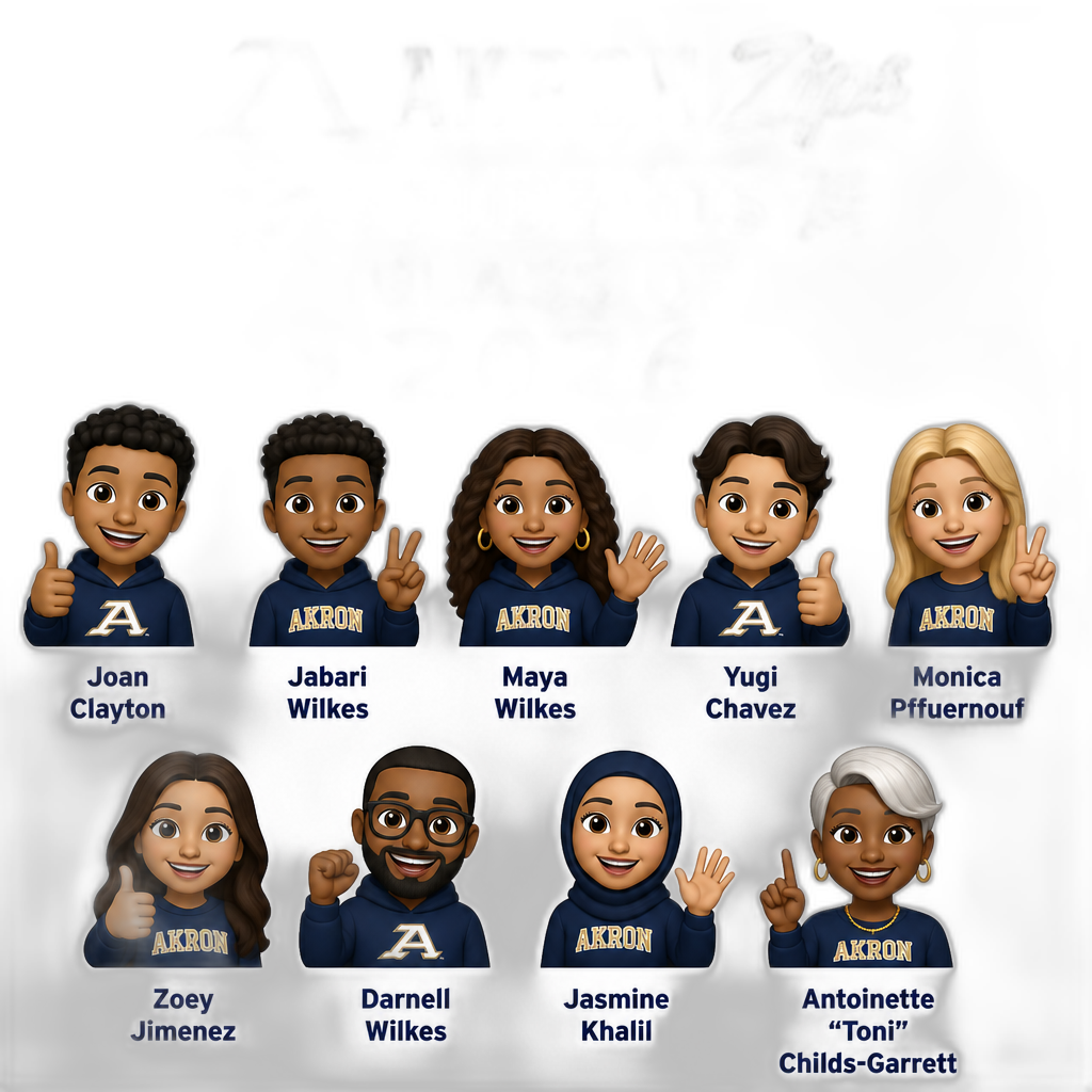 Akron Zips Students Class Of 2026 Joan Clayton Jabari Wilkes And Maya Wilkes And Yugi Chavez And Monica Pffuernouf And Zoey Jimenez And Darnell Wilkes And Jasmine Khalil And Last One Antoinette "Toni" Childs-Garrett - AI generated emoji