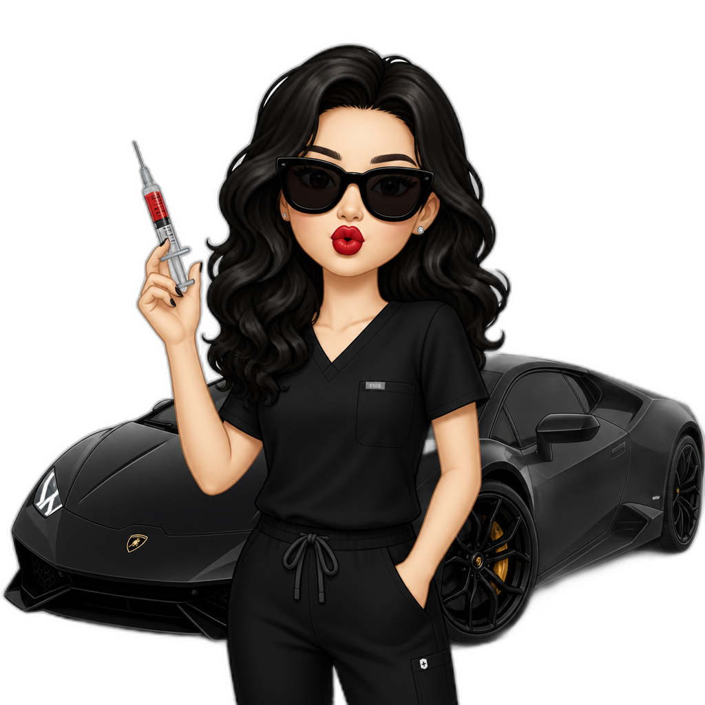 Girl in black scrubs pouting black curled wavy hair and black sunglasses holding an injection with red lipstick pale skin with a black lamborghini behind - AI generated emoji