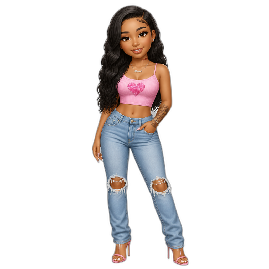 Mariah The Scientist, pink crop top with a heart, blue jeans with rips in the knees, stilettos, smiling, realistic - AI generated emoji