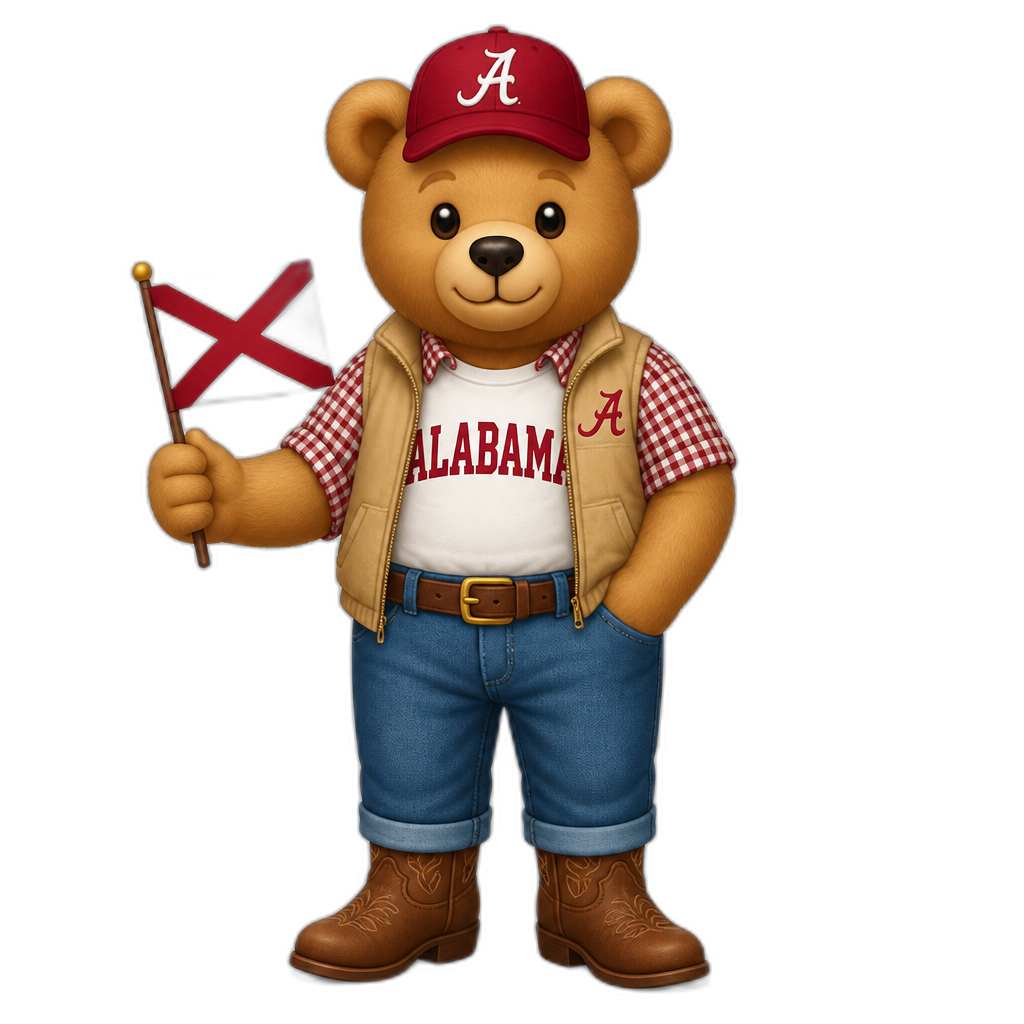 Create a standing Teddy bear who is a Alabamian. FULL body - AI generated emoji
