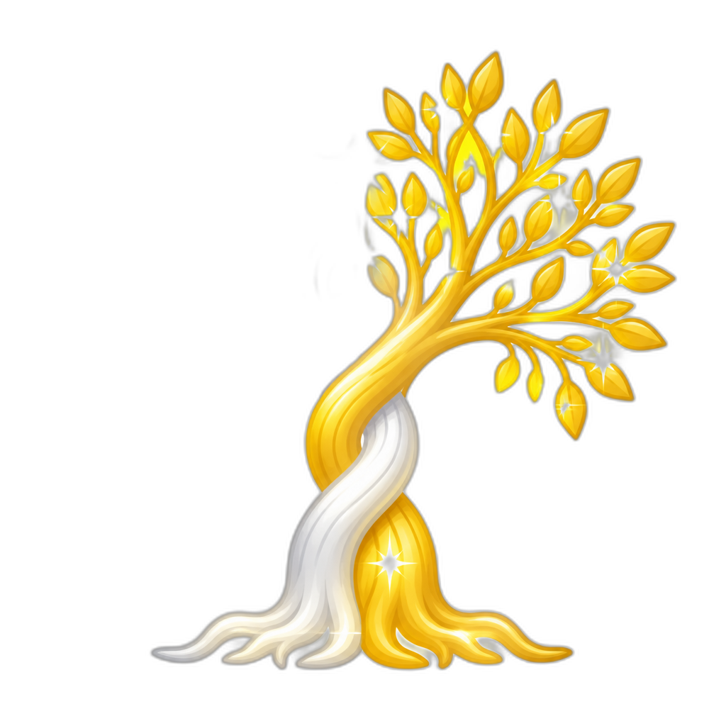 A brilliantly shining white/silver tree (Telperion) and a vivid yellow/gold one (Laurelin). Their trunks are intertwined and emit a radiant glow. Minimal flat thick style. - AI generated emoji