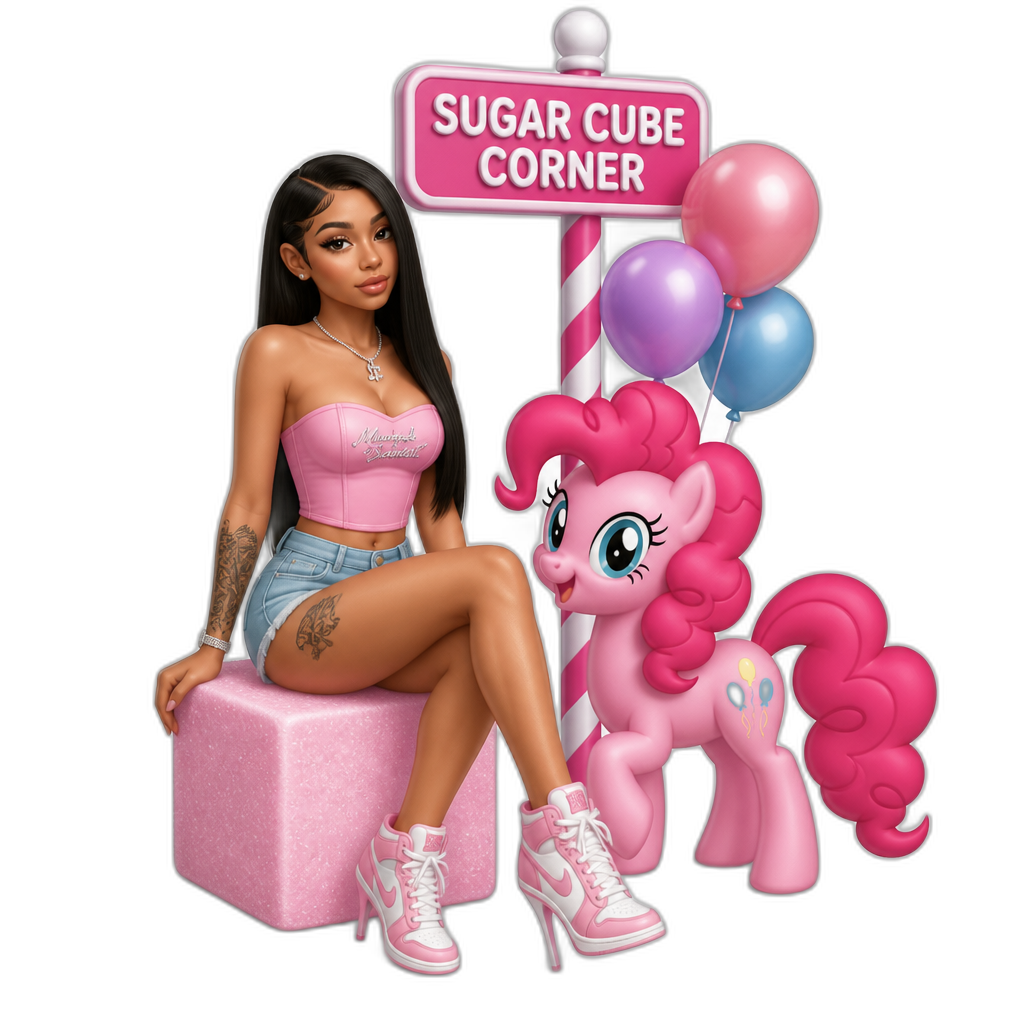 Mariah The Scientist at Sugar Cube Corner with Pinkie Pie, photorealistic, Mariah with long straight hair, pink strapless crop top, denim shorts, stiletto sneakers, balloons - AI generated emoji