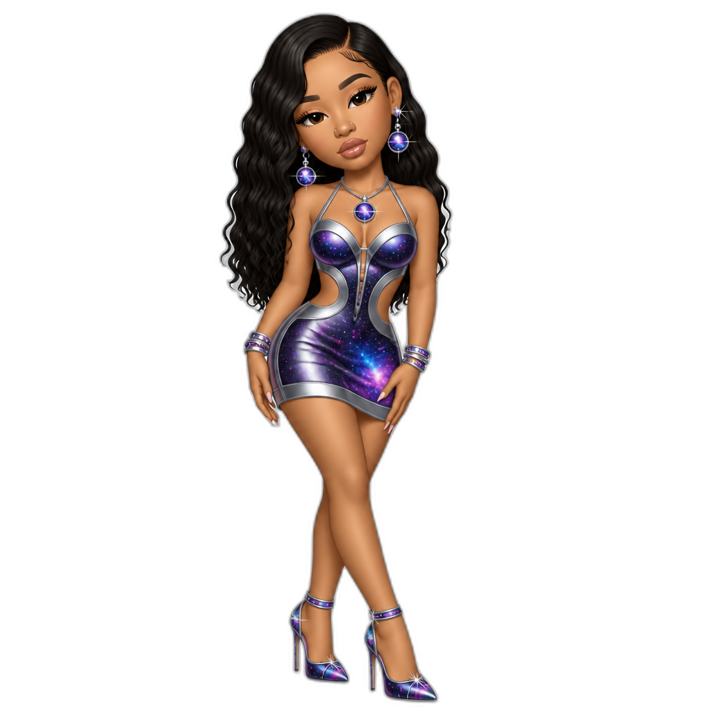 Mariah The Scientist, futuristic minidress, cosmic stilettos, cosmic earrings, cosmic necklace, cosmic bracelets - AI generated emoji
