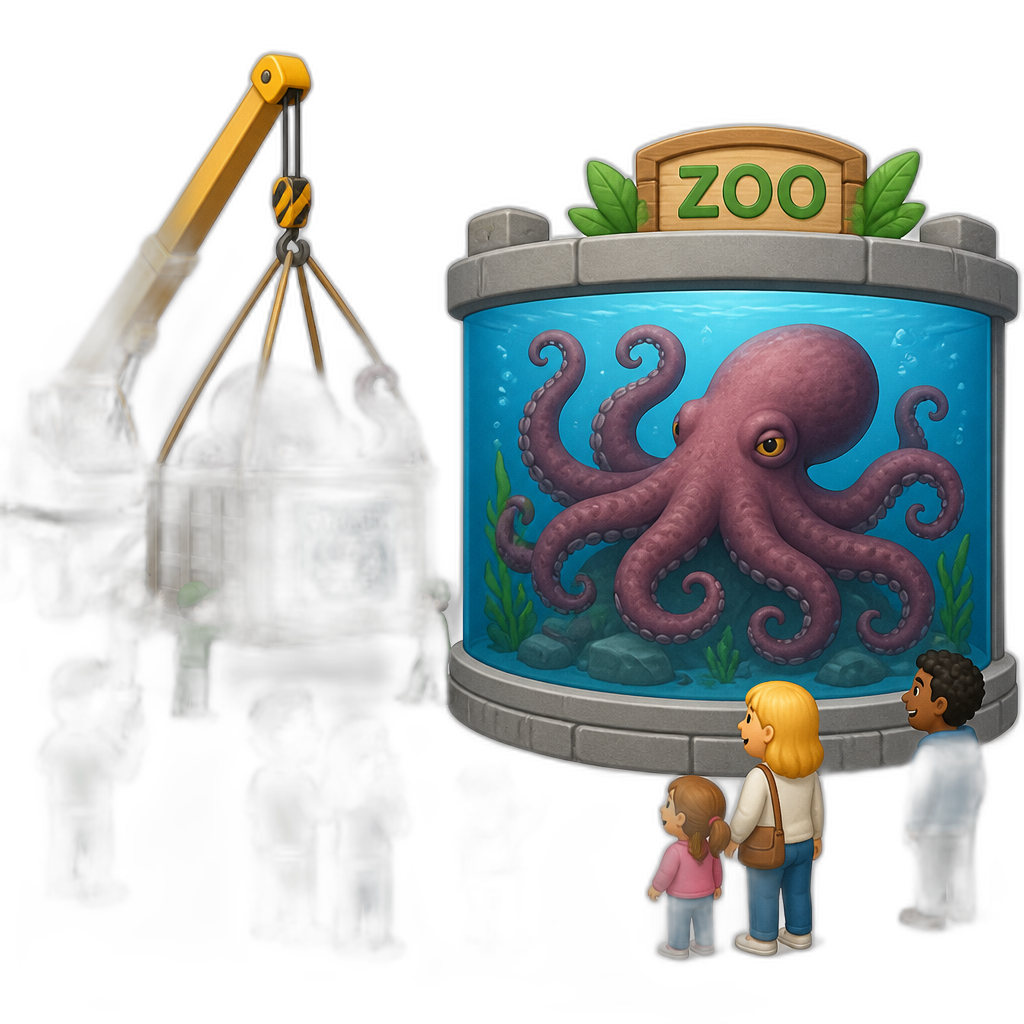 People moving the kraken to a big aquarium tank at the zoo where people can admire him - AI generated emoji