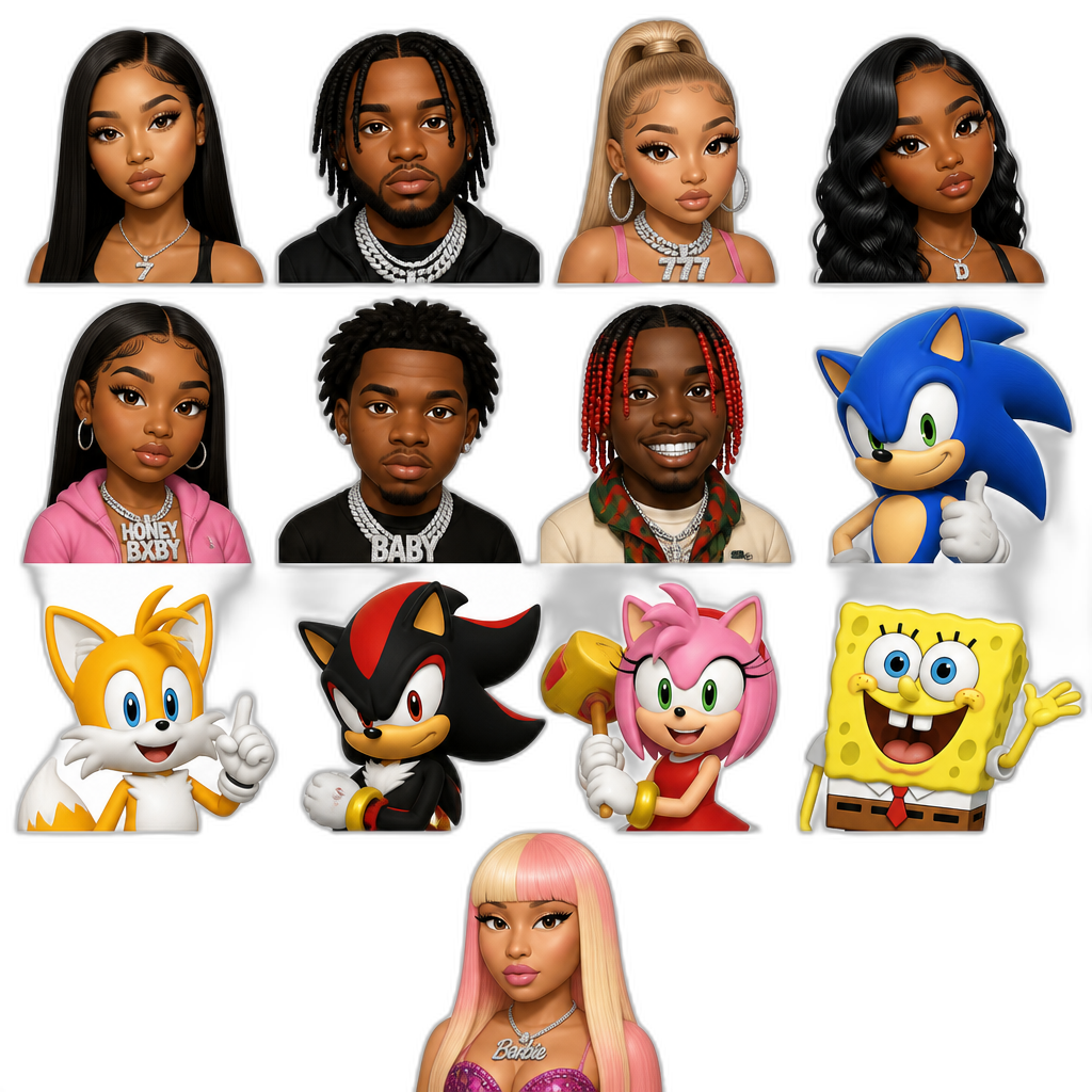 Mariah The Scientist, Tee Grizzley, Latto, Dess Dior (black female R&B singer), HoneyBxby, Lil Baby, Lil Yachty, Sonic, Tails, Shadow, Amy Rose, Spongebob, and Nicki Minaj, Mariah with long straight hair, photorealistic - AI generated emoji