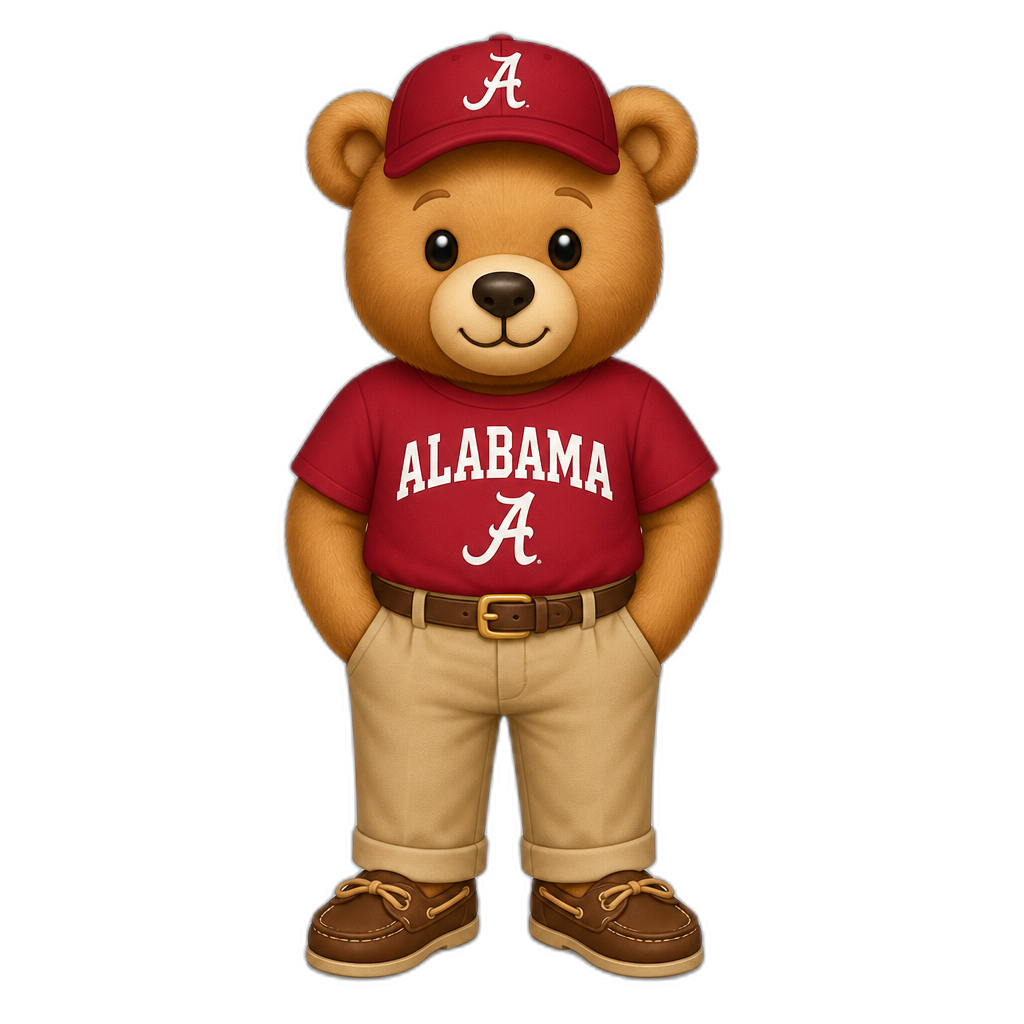Create a standing Teddy bear who is a Alabamian. FULL body - AI generated emoji