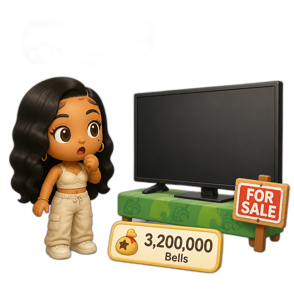 Mariah The Scientist as a Human Villager, Animal Crossing, finding an expensive item worth millions of Bells, saying "That's expensive, bruh!", big widescreen TV for sale - AI generated emoji