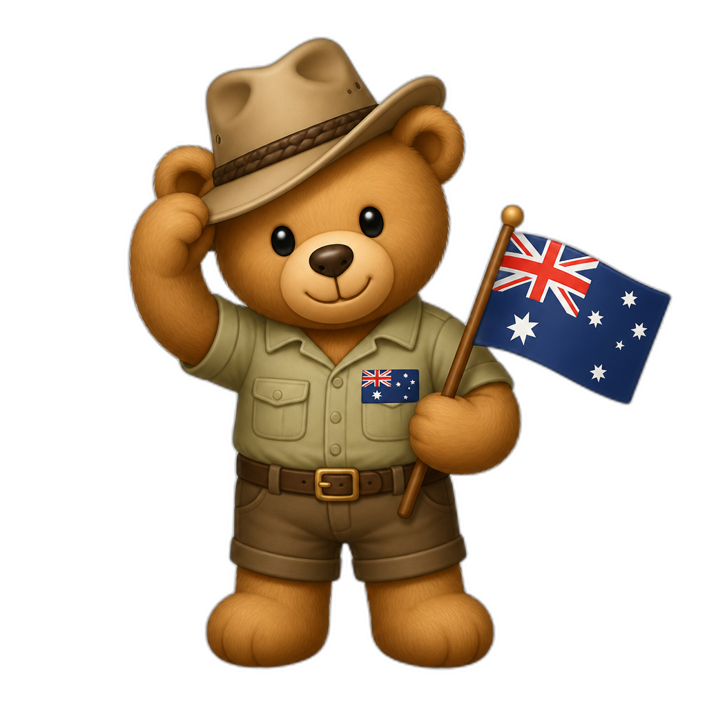 Create a any posing Teddy bear who is a stereotypical Austraila. any fur color - AI generated emoji