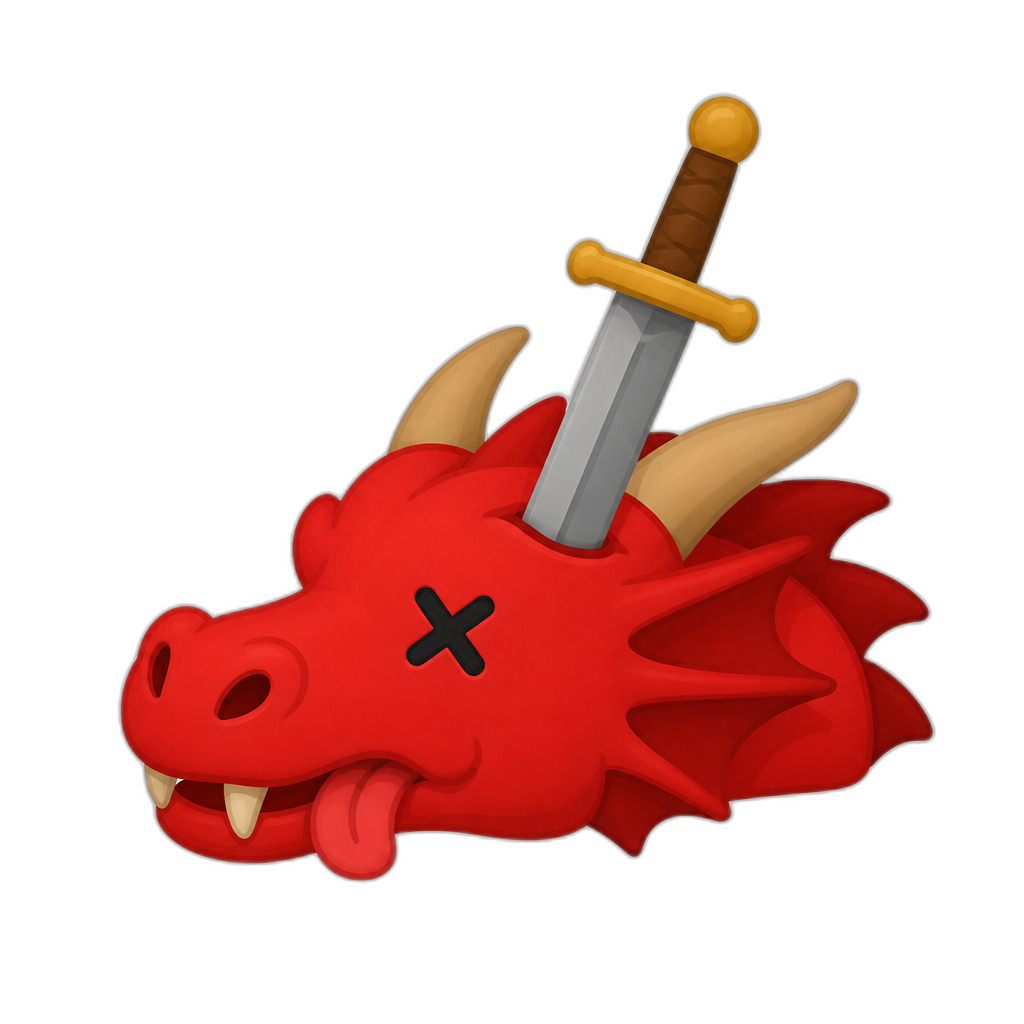 slain bright red western dragon head pierced by sword; minimal, thick, flat style - AI generated emoji