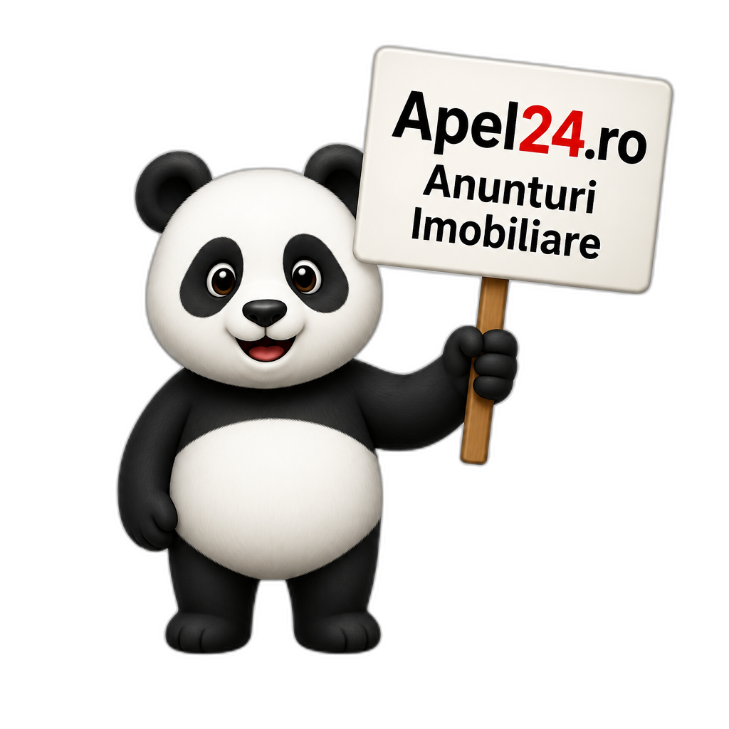 Ursul panda tine o pancarda in Mana pe care scrie Apel24.ro Anunturi Imobiliare - AI generated emoji