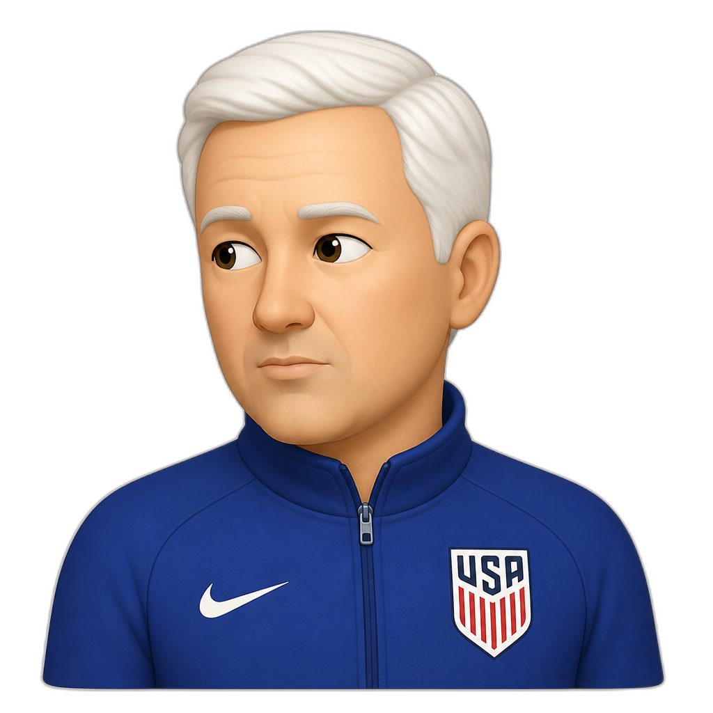 a middle aged white man with white hair with his head slightly turned sideways to the left in a blue zipped jacket with the USA soccer logo on the right and his lips slightly pursed - AI generated emoji