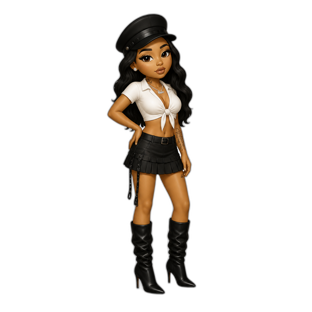 Mariah The Scientist, white short sleeved crop top tied in the front, black skirt, black stiletto boots, black military hat, 'Burning Blue' music video shoot, 'Hearts Sold Seperately' album - AI generated emoji