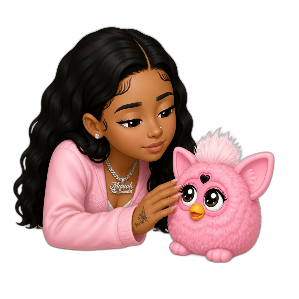 Mariah The Scientist playing with her pink Furby - AI generated emoji