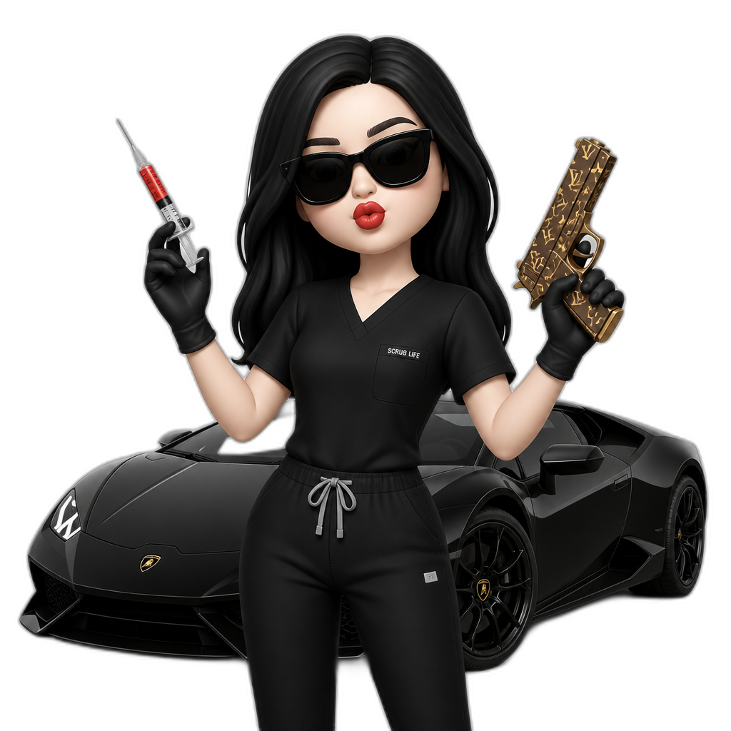 Girl in black scrubs pouting black hair and black sunglasses holding an injection with red lipstick pale skin with a black lamborghini behind and a gold Louis vuitton gun in the right hand - AI generated emoji