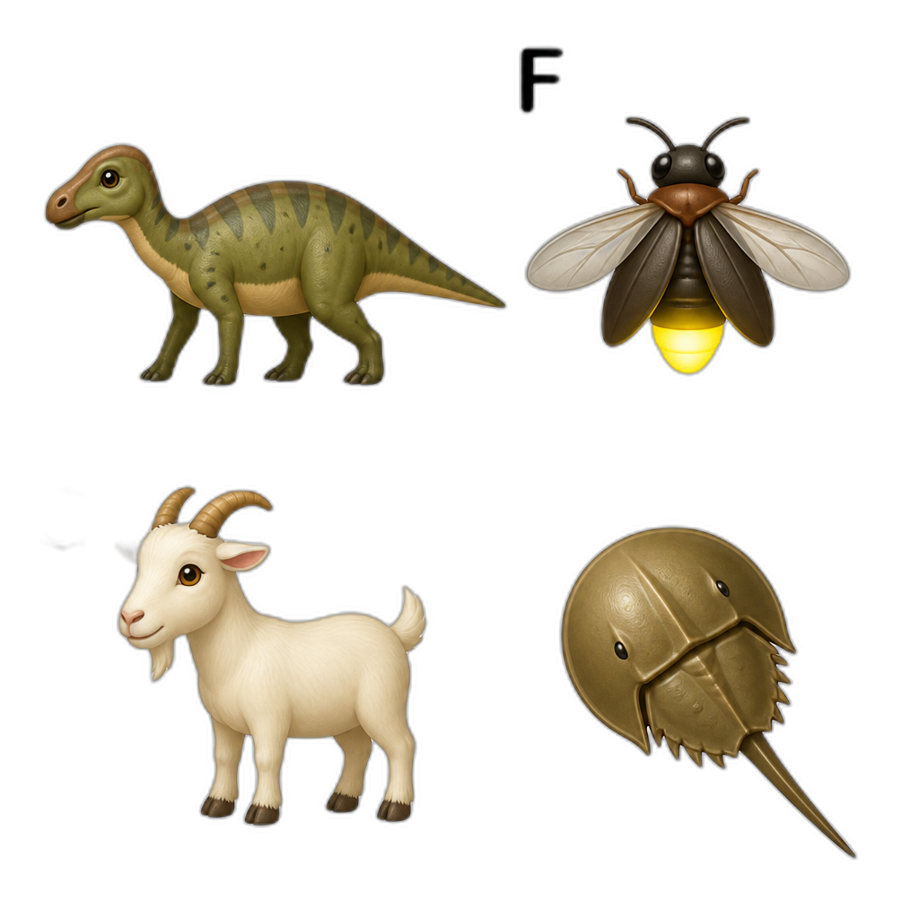 E for edmontosaurus F for firefly G for goat H for horseshoe crab - AI generated emoji