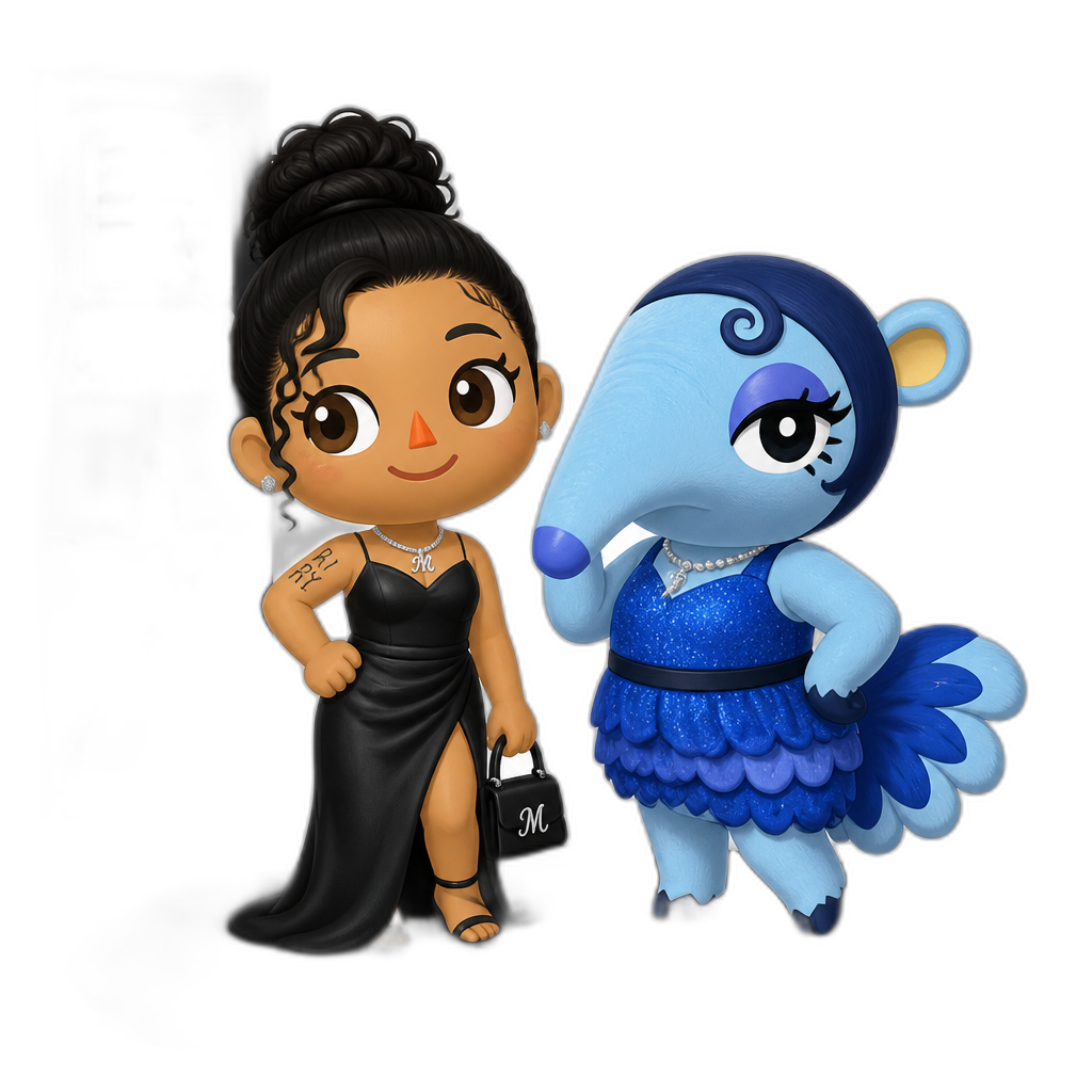 Mariah The Scientist as a Human Villager, Animal Crossing, with Pango the Anteater Villager (female, shades of blue, eyeshadow, spiral strand by the forehead), at the BET Awards - AI generated emoji
