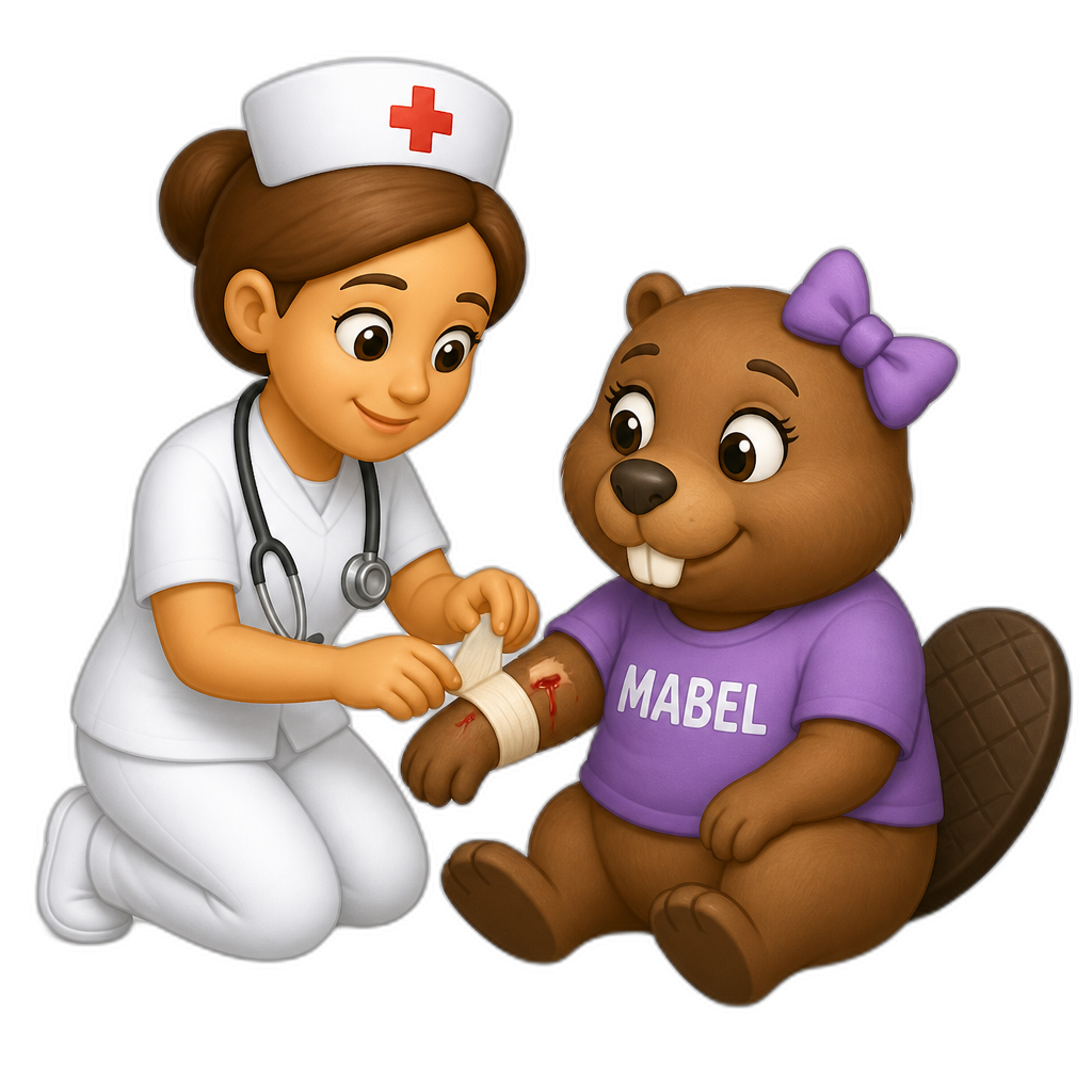 Nurse bandages Mabel the beaver's bleeding arm - AI generated emoji