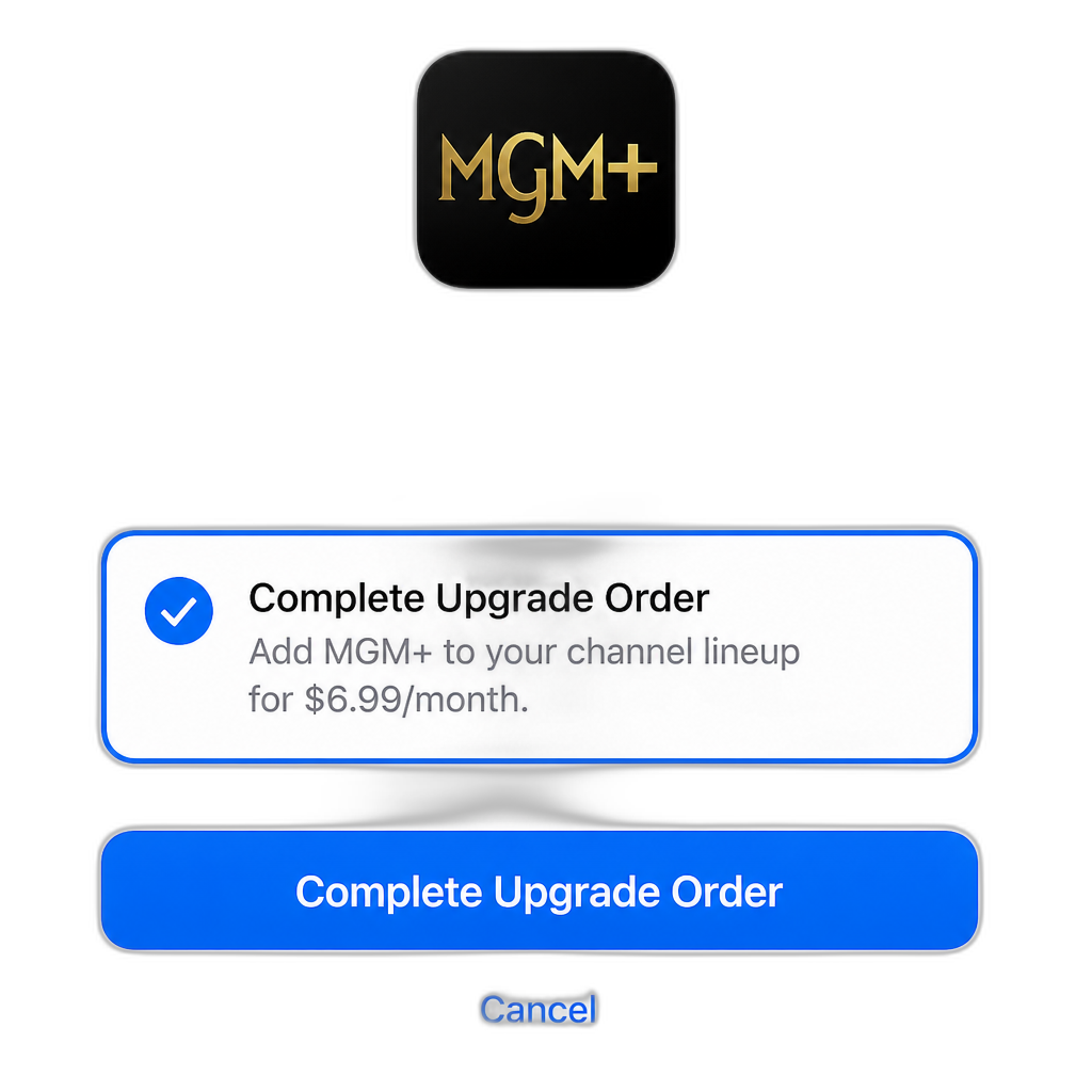 MGM+ channel package, 'Complete Upgrade Order' selection - AI generated emoji