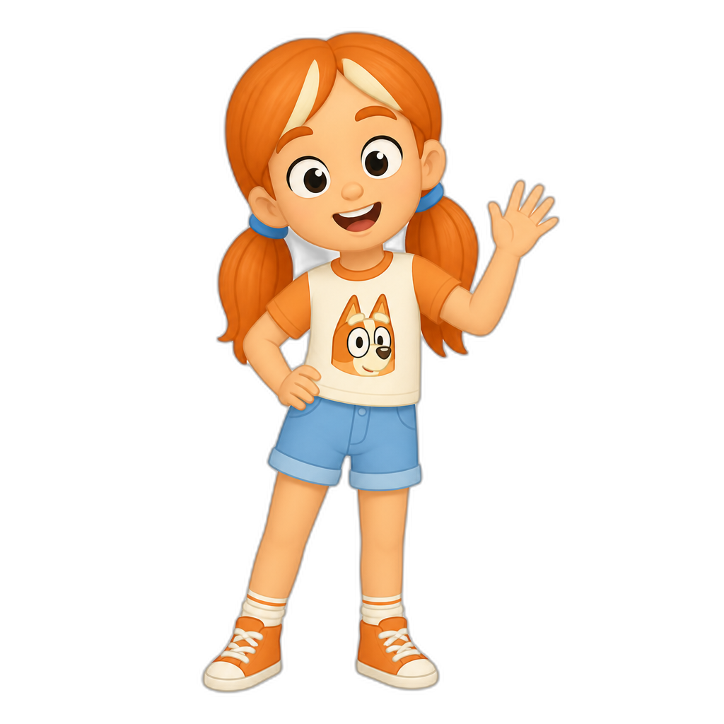 Bingo Heeler as a human girl, long orange hair in pigtails, cartoon style - AI generated emoji