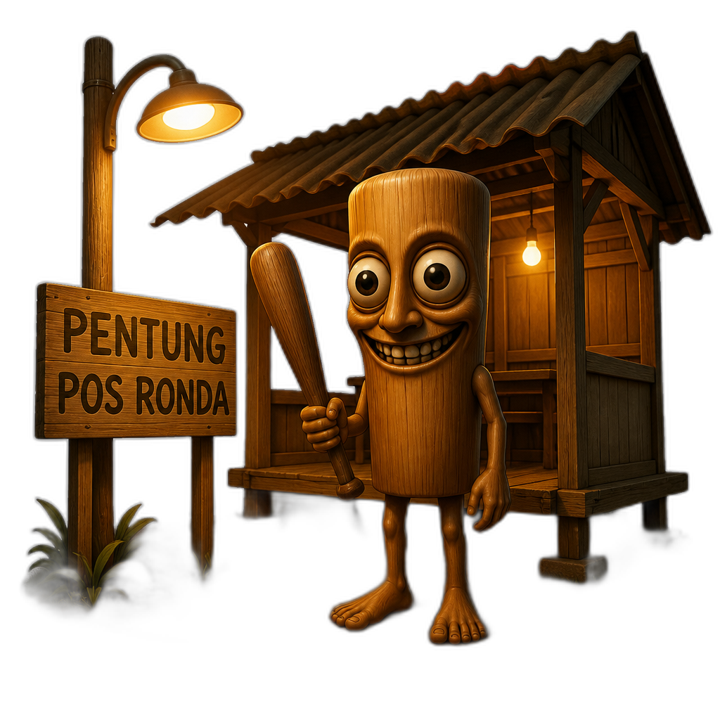 a creepy wooden pestle-shaped chareacter cylindrical body with tiny limbs big bulging eyes and uncanny smile barefoot holding a wooden bat standing at a rual southeast asian night shelter sign saying pentung pos ronda warm orange streetlight - AI generated emoji