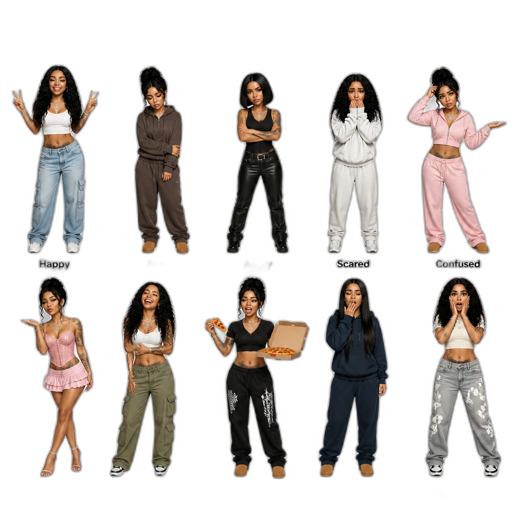 The Many Emotions of Mariah The Scientist (happy, sad, angry, scared, confused, flirty, laughing, hungry, tired, and surprised), different hairstyles, different outfits, full body, photorealistic - AI generated emoji