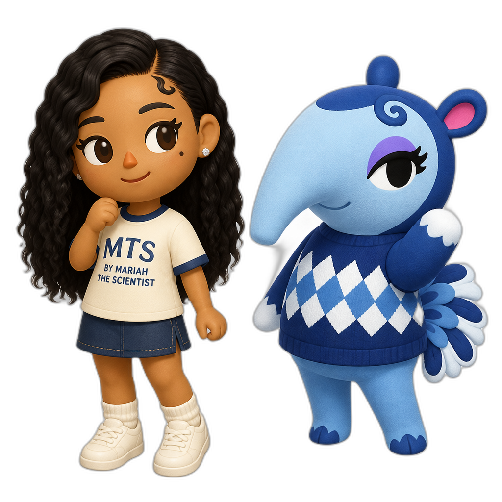 Mariah The Scientist as a Human Villager, Animal Crossing, with Pango the Anteater Villager (female, shades of blue, eyeshadow, spiral strand by the forehead) - AI generated emoji