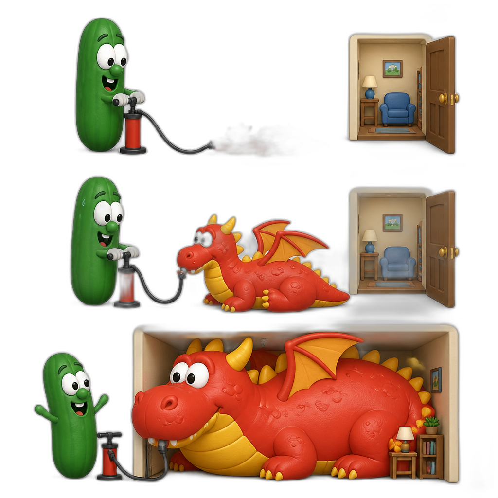 Larry the cucumber inflating a rubber dragon toy with balloon pump until the rubber dragon toy inflates to the size of Larry's apartment - AI generated emoji