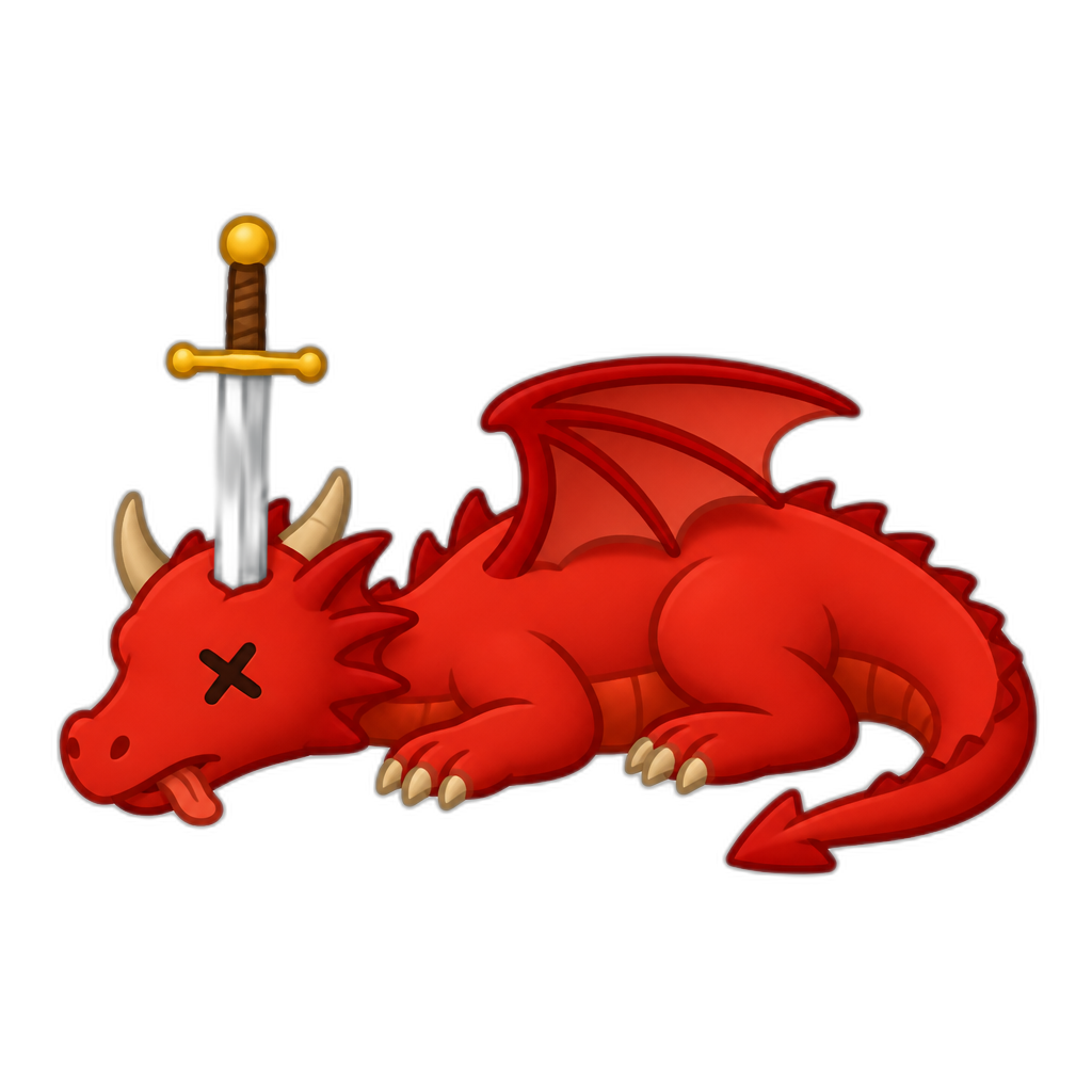 slain bright red western dragon with head pierced by sword; minimal, thick, flat style - AI generated emoji