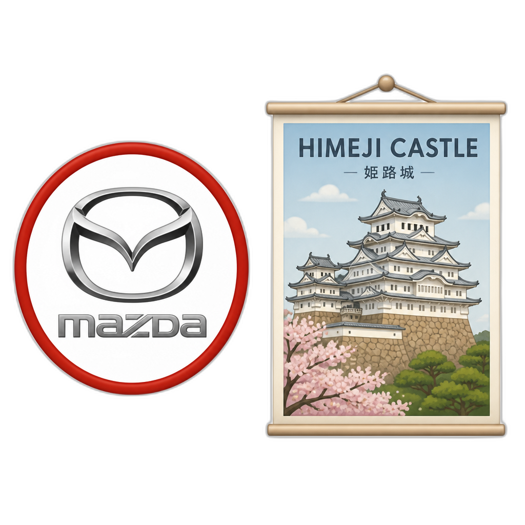 mazda logo with a red circle and a Himeji Castle Poster - AI generated emoji