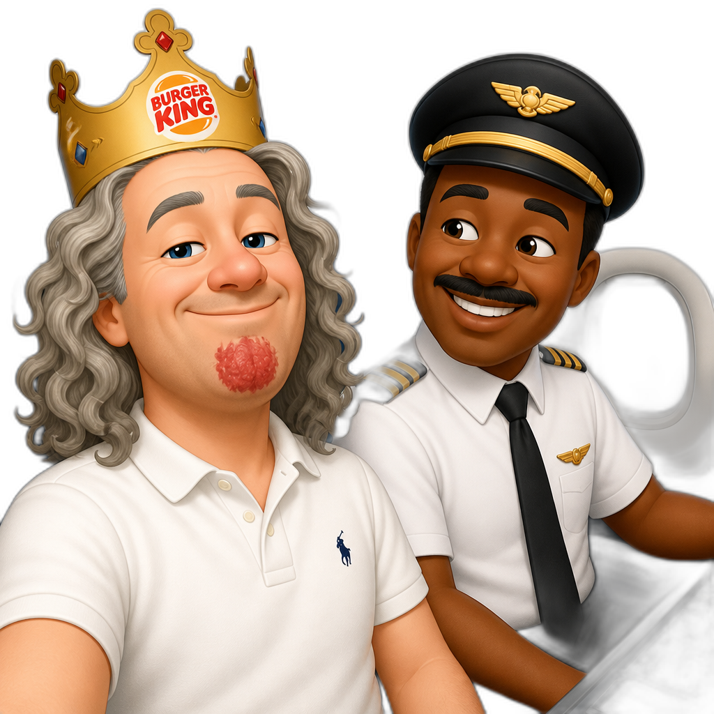 a middle aged white  man with long curly gray hair with a red mash on his chin smiling smugly with a burger king crown on his head a white polo shirt sitting on a plane with an african american pilot next to him - AI generated emoji