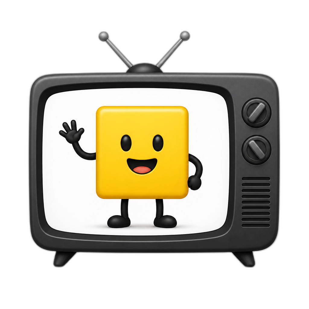 Yellow square emoji with black arms & legs on tv - AI generated emoji
