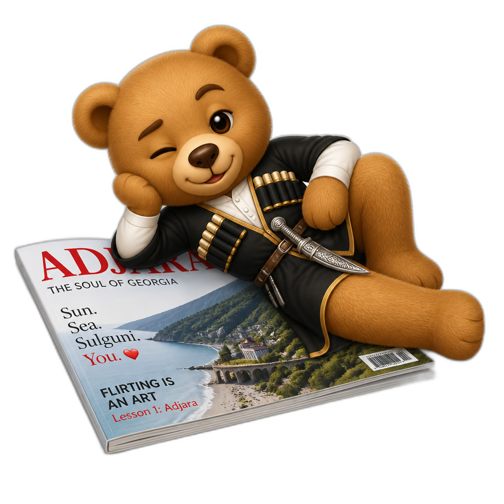 Create a Teddy bear who is a flirty Adjaran on the magazine. any fur color - AI generated emoji