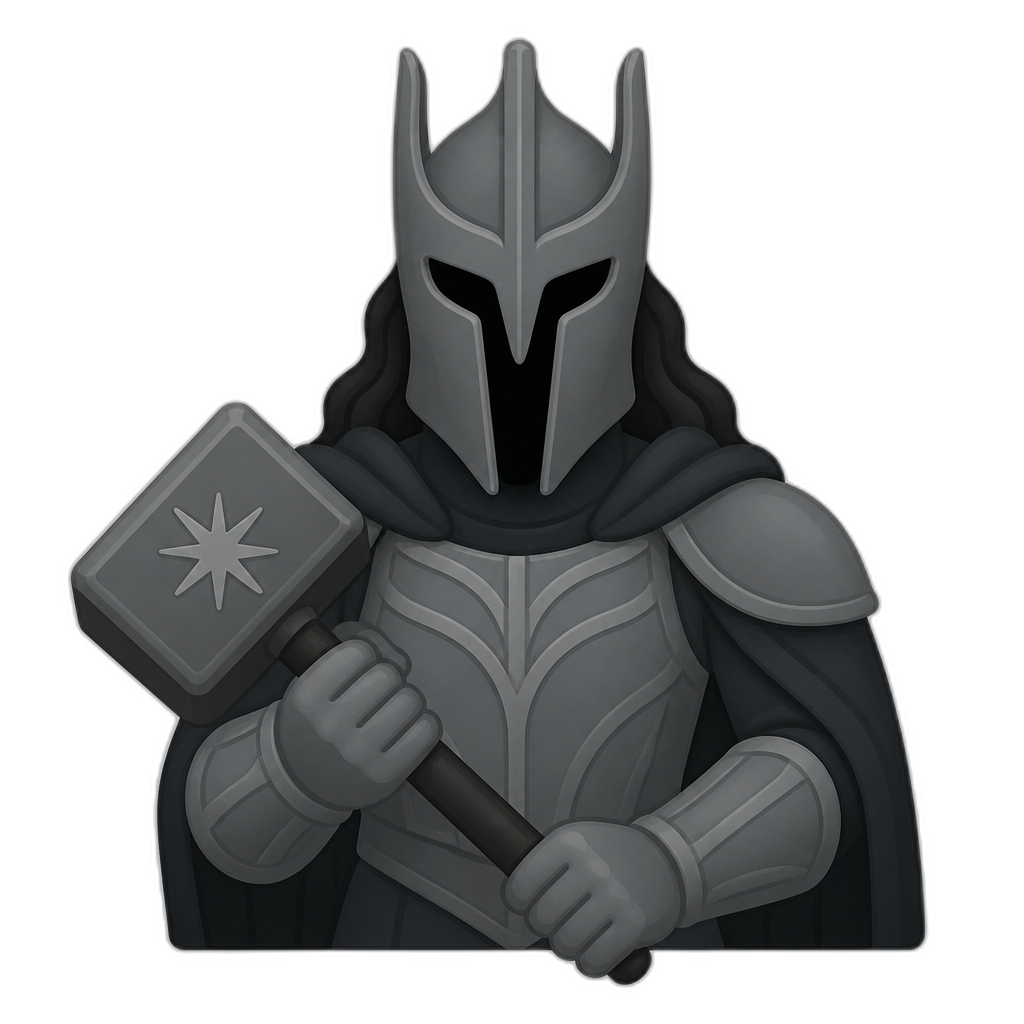 Morgoth waist-up in grey armor and helm, no spikes, hammer in hands, flat thick minimal style - AI generated emoji